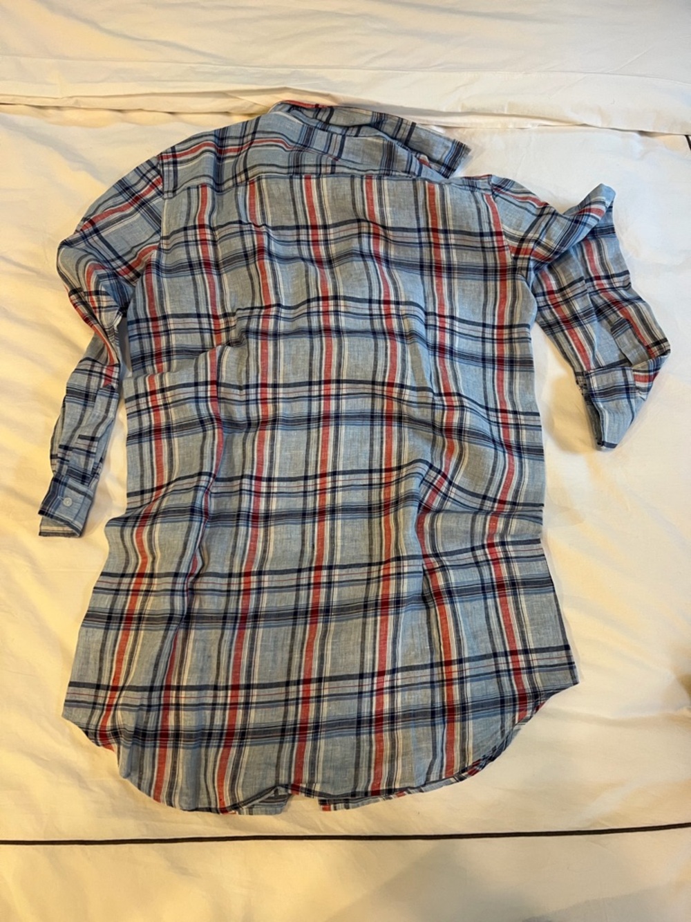 Frank & Eileen Mary Light Blue, Navy and Red Plaid Button-Down Linen Dress - Picture 2 of 6